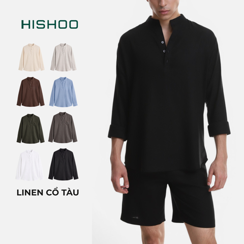 Áo Sơ Mi Nam Tay Dài Relax Form Rộng, Cổ Polo Tàu Vuông, Xẻ V Linen Solene Vải Mềm Mát HISHOO A3T002