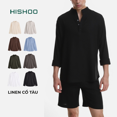 Áo Sơ Mi Nam Tay Dài Relax Form Rộng, Cổ Polo Tàu Vuông, Xẻ V Linen Solene Vải Mềm Mát HISHOO A3T002