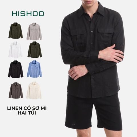 Áo Sơ Mi Nam 2 Túi Tay Dài  Relax Form Rộng, Cổ Thường, Lai Ngang Linen Solene Vải Mềm Mát HISHOO A2T005