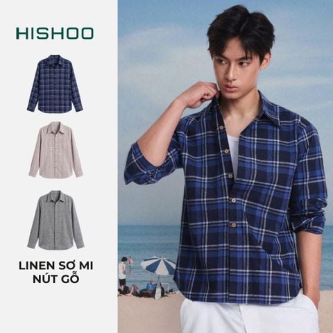 Áo Sơ Mi Caro Nút Gỗ Tay Dài Nam Relax Form Rộng, Cổ Thường, Lai Ngang Linen Solene Vải Mềm Mát HISHOO A2T003