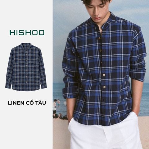 Áo Sơ Mi Caro Nút Gỗ Tay Dài Nam Relax Form Rộng, Cổ Tàu Vuông, Lai Ngang Linen Solene Vải Mềm Mát HISHOO A2T002