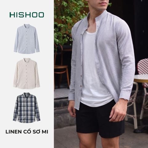 Áo Sơ Mi Trắng Sọc Xanh Nút Gỗ Tay Dài Nam Relax Form Rộng, Cổ Tàu Vuông, Lai Ngang Linen Solene Vải Mềm Mát HISHOO A2T002
