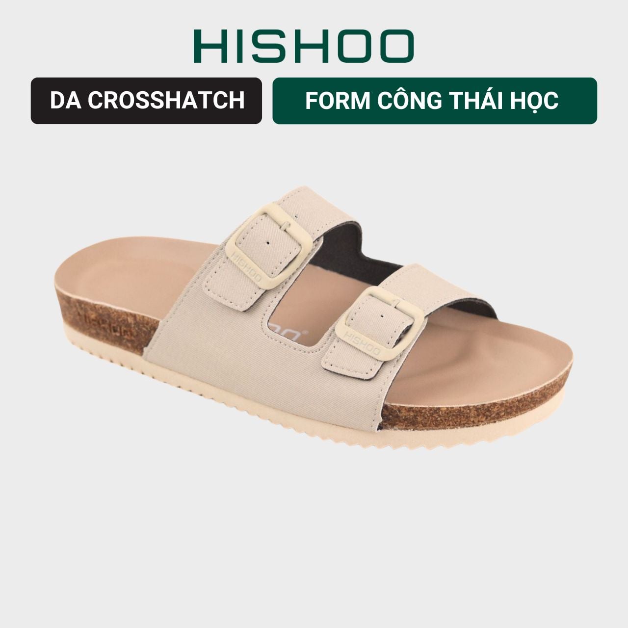 Dép đế trấu birken 2 khoá Kem Saffiano premium HISHOO B093