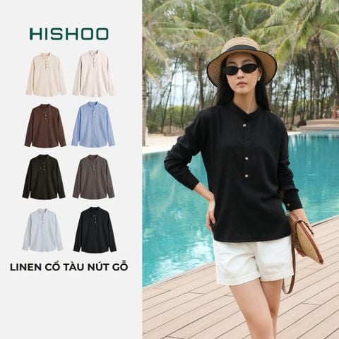 Áo Sơ Mi Nữ Nút Gỗ Tay Dài Relax Form Rộng, Cổ Polo Tàu Vuông, Xẻ V Linen Solene Vải Mềm Mát HISHOO A3G002