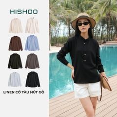 Áo Sơ Mi Nữ Nút Gỗ Tay Dài Relax Form Rộng, Cổ Polo Tàu Vuông, Xẻ V Linen Solene Vải Mềm Mát HISHOO A3G002