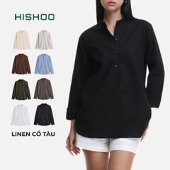 Áo Sơ Mi Nữ Tay Dài Relax Form Rộng, Cổ Polo Tàu Vuông, Xẻ V Linen Solene Vải Mềm Mát HISHOO A3G002