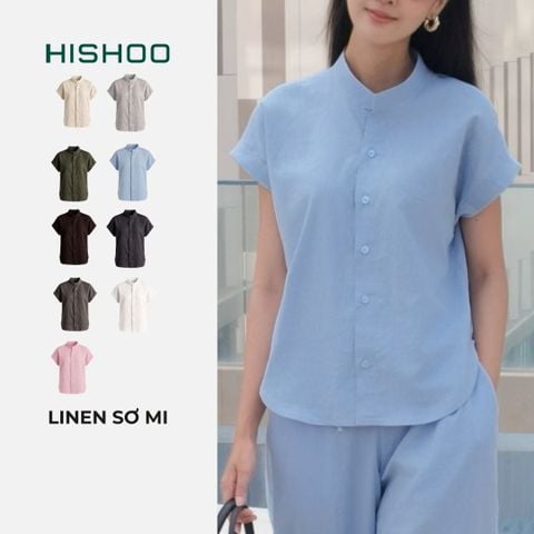 Áo Sơ Mi Nữ Tay Ngắn Relax Form Rộng, Cổ Tàu Vuông, Linen Solene Vải Mềm Mát HISHOO A4G002