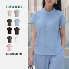Áo Sơ Mi Nữ Tay Ngắn Relax Form Rộng, Cổ Tàu Vuông, Linen Solene Vải Mềm Mát HISHOO A4G002