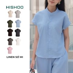 Áo Sơ Mi Nữ Tay Ngắn Relax Form Rộng, Cổ Tàu Vuông, Linen Solene Vải Mềm Mát HISHOO A4G002