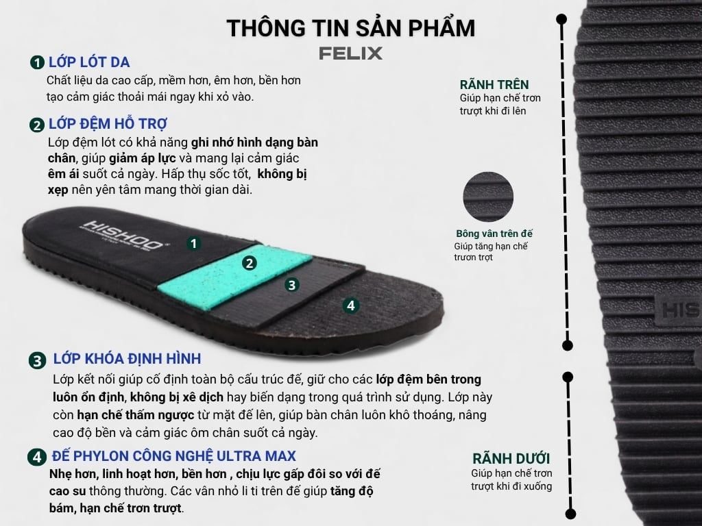 Dép lê bệt Daily Trek sandal (sandal đi bộ đường dài) Nam xỏ ngón lót da premium Felix HISHOO P116