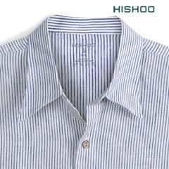 Áo Sơ Mi Trắng Sọc Nâu Nút Gỗ Tay Dài Nam Relax Form Rộng, Cổ Thường, Lai Ngang Linen Solene Vải Mềm Mát HISHOO A2T003