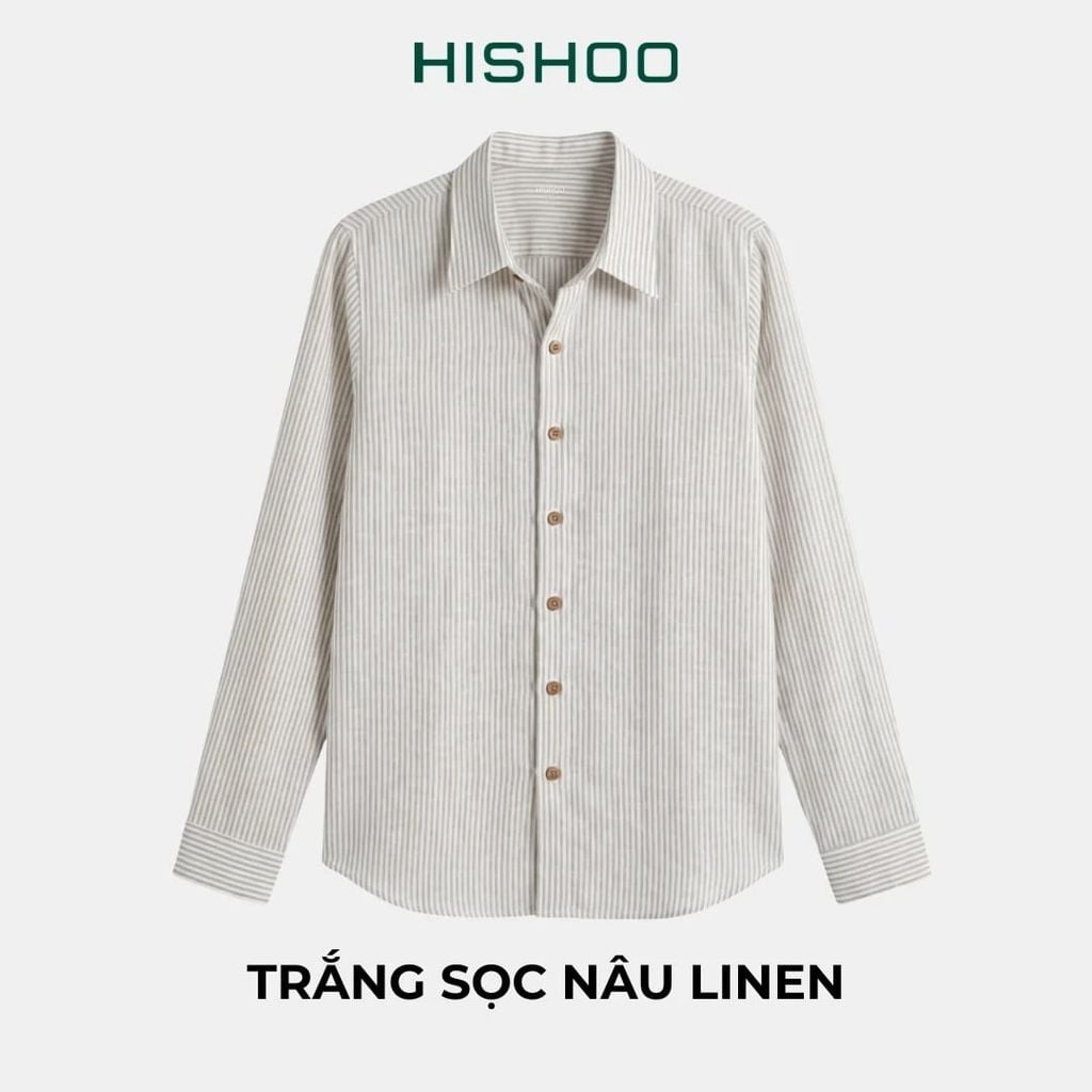 Áo Sơ Mi Trắng Sọc Nâu Nút Gỗ Tay Dài Nam Relax Form Rộng, Cổ Thường, Lai Ngang Linen Solene Vải Mềm Mát HISHOO A2T003