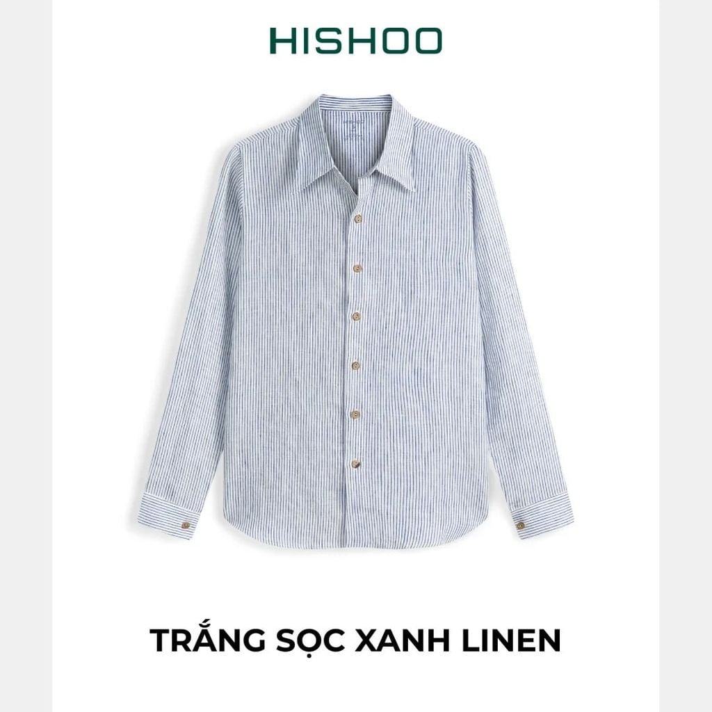 Áo Sơ Mi Trắng Sọc Xanh Nút Gỗ Tay Dài Nam Relax Form Rộng, Cổ Thường, Lai Ngang Linen Solene Vải Mềm Mát HISHOO A2T003