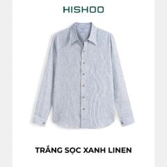 Áo Sơ Mi Trắng Sọc Xanh Nút Gỗ Tay Dài Nam Relax Form Rộng, Cổ Thường, Lai Ngang Linen Solene Vải Mềm Mát HISHOO A2T003