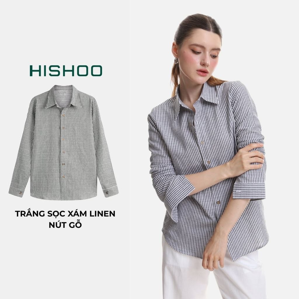 Áo Sơ Mi Sọc Nút Gỗ Tay Dài Nữ Relax Form Rộng, Cổ Thường, Lai Ngang Linen Solene Vải Mềm Mát HISHOO A2G003