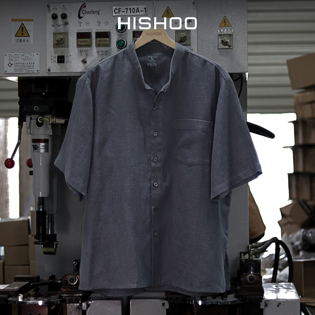 Áo Sơ Mi Nam Relax Form Rộng, Cổ Tàu Tròn, Lai Ngang Linen Solene Vải Mềm Mát HISHOO A1T001