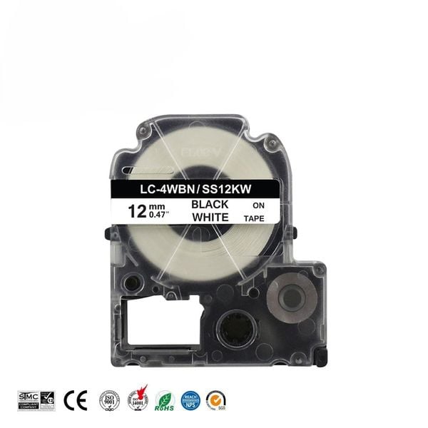 Nhãn in Tepra 12mm - Đen/trắng