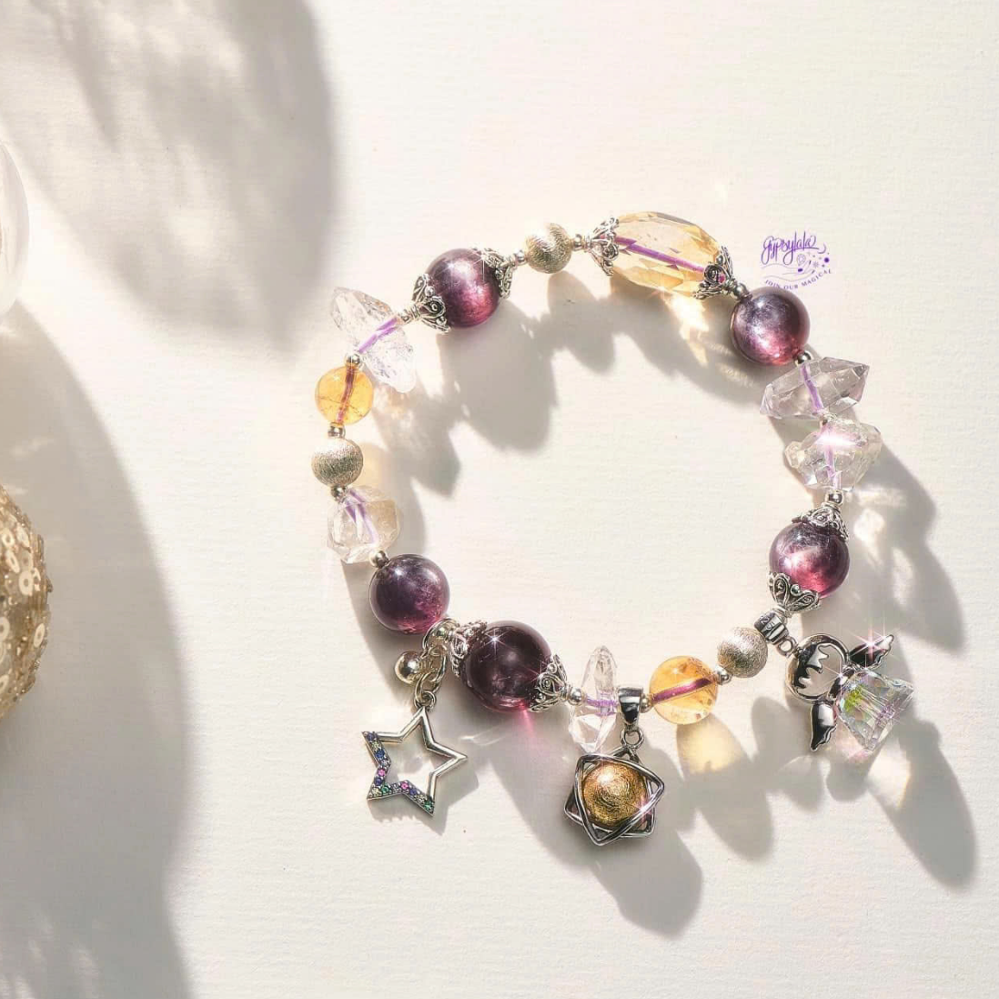 Vòng Tay Thiết Kế Nữ Merry Twirl 611 Đá Lepidolite - Thạch Anh Vàng - Đá Meteorite 