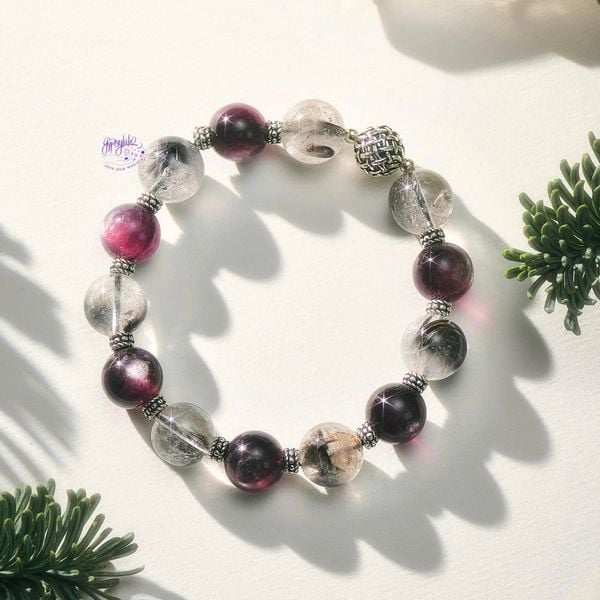  Vòng Tay Thiết Kế Nam Aurora Bell Đá Lepidolite - Thạch Anh Tóc Bạch Kim 