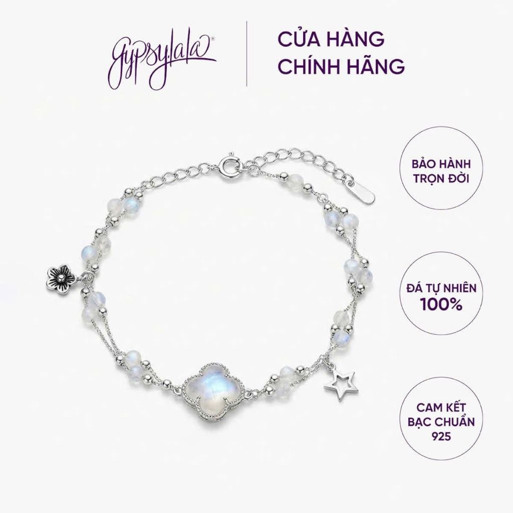  Lắc tay Embrace Cỏ 4 Lá Ánh Trăng GYPSYLALA - Charm Moonstone May Mắn -Xoa diệu tiêu cực giúp ngủ ngon 