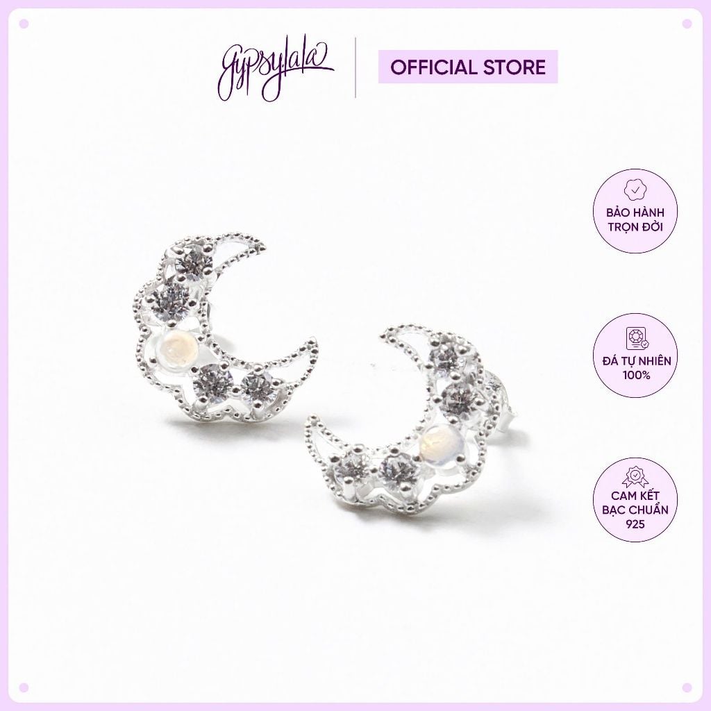  Bông Tai Trăng Khuyết Bạc Sáng 925 Đá Thiên Nhiên May Mắn Gypsylala 