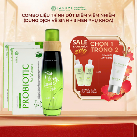 Combo Liệu Trình 1 chai Dung Dịch Vệ Sinh Trầu Không Tràm Trà và 3 Hộp Men Vi Sinh Phụ Khoa Lagumi