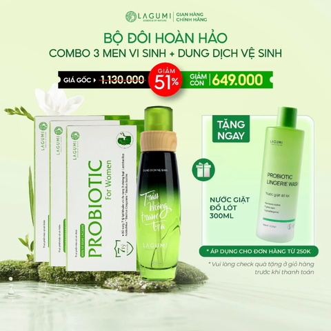 Combo Liệu Trình 1 chai Dung Dịch Vệ Sinh Trầu Không Tràm Trà và 3 Hộp Men Vi Sinh Phụ Khoa Lagumi