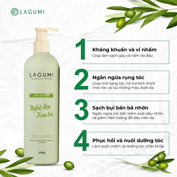 Dầu gội thảo dược không Sillicon chiết xuất Nghệ đen - Tràm trà Lagumi 340g