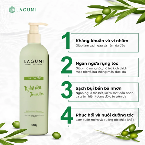 Dầu gội thảo dược không Sillicon chiết xuất Nghệ đen - Tràm trà Lagumi 340g