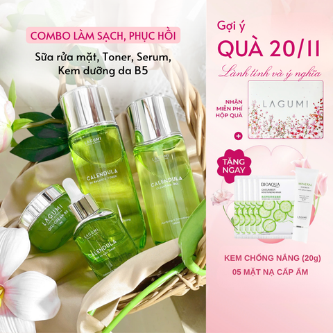 Bộ 4 món chăm sóc da toàn diện Lagumi: Sữa rửa mặt 50g, Toner 120ml, Serum 30ml, Kem dưỡng 30g