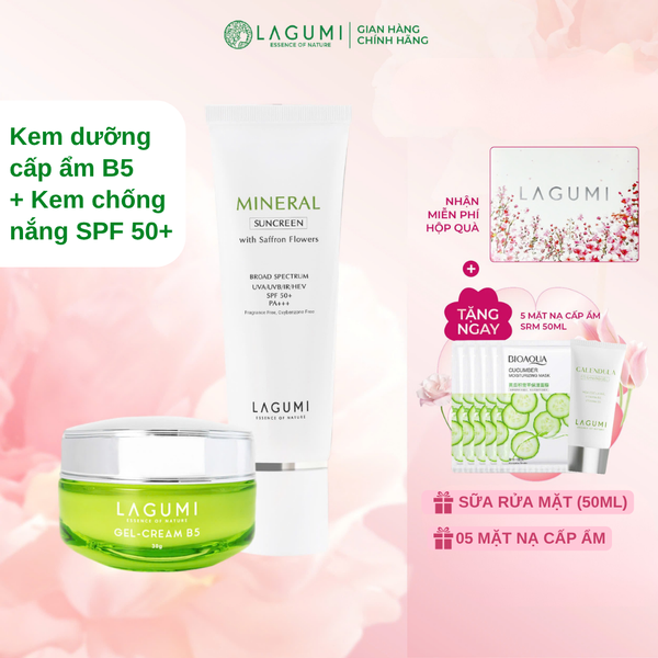 Combo Cấp ẩm và bảo vệ da 2 món Kem dưỡng B5 và Kem chống nắng nhụy hoa nghệ tây Lagumi