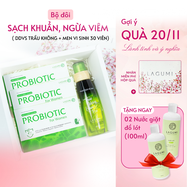 Combo Liệu Trình 1 chai Dung Dịch Vệ Sinh Trầu Không Tràm Trà và 3 Hộp Men Vi Sinh Phụ Khoa Lagumi