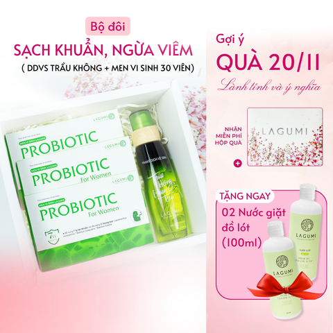 Combo Liệu Trình 1 chai Dung Dịch Vệ Sinh Trầu Không Tràm Trà và 3 Hộp Men Vi Sinh Phụ Khoa Lagumi