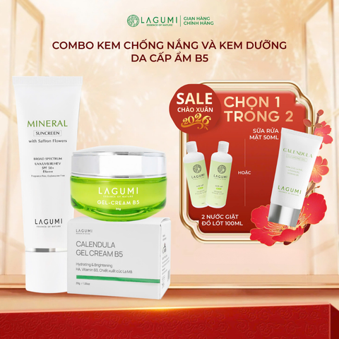 Combo Cấp ẩm và bảo vệ da 2 món Kem dưỡng B5 và Kem chống nắng nhụy hoa nghệ tây Lagumi