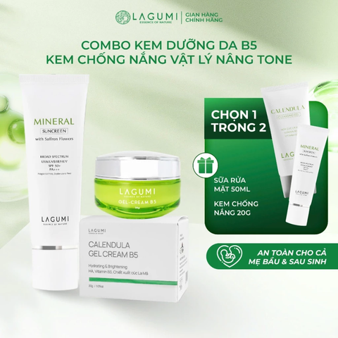 Combo Cấp ẩm và bảo vệ da 2 món Kem dưỡng B5 và Kem chống nắng nhụy hoa nghệ tây Lagumi