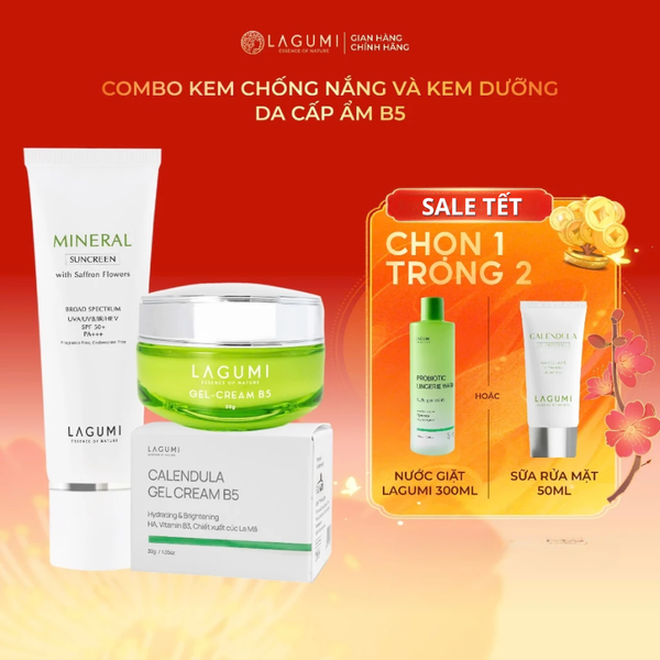 Combo Cấp ẩm và bảo vệ da 2 món Kem dưỡng B5 và Kem chống nắng nhụy hoa nghệ tây Lagumi