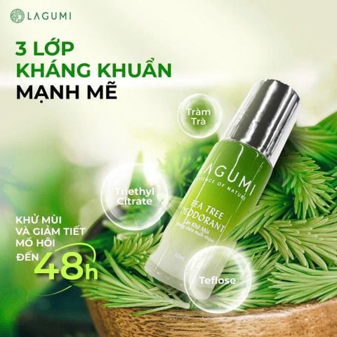 Lăn khử mùi tràm trà Lagumi không muối nhôm công nghệ ngăn mùi Nhật Bản khô thoáng đến 24h dung tích 30ml