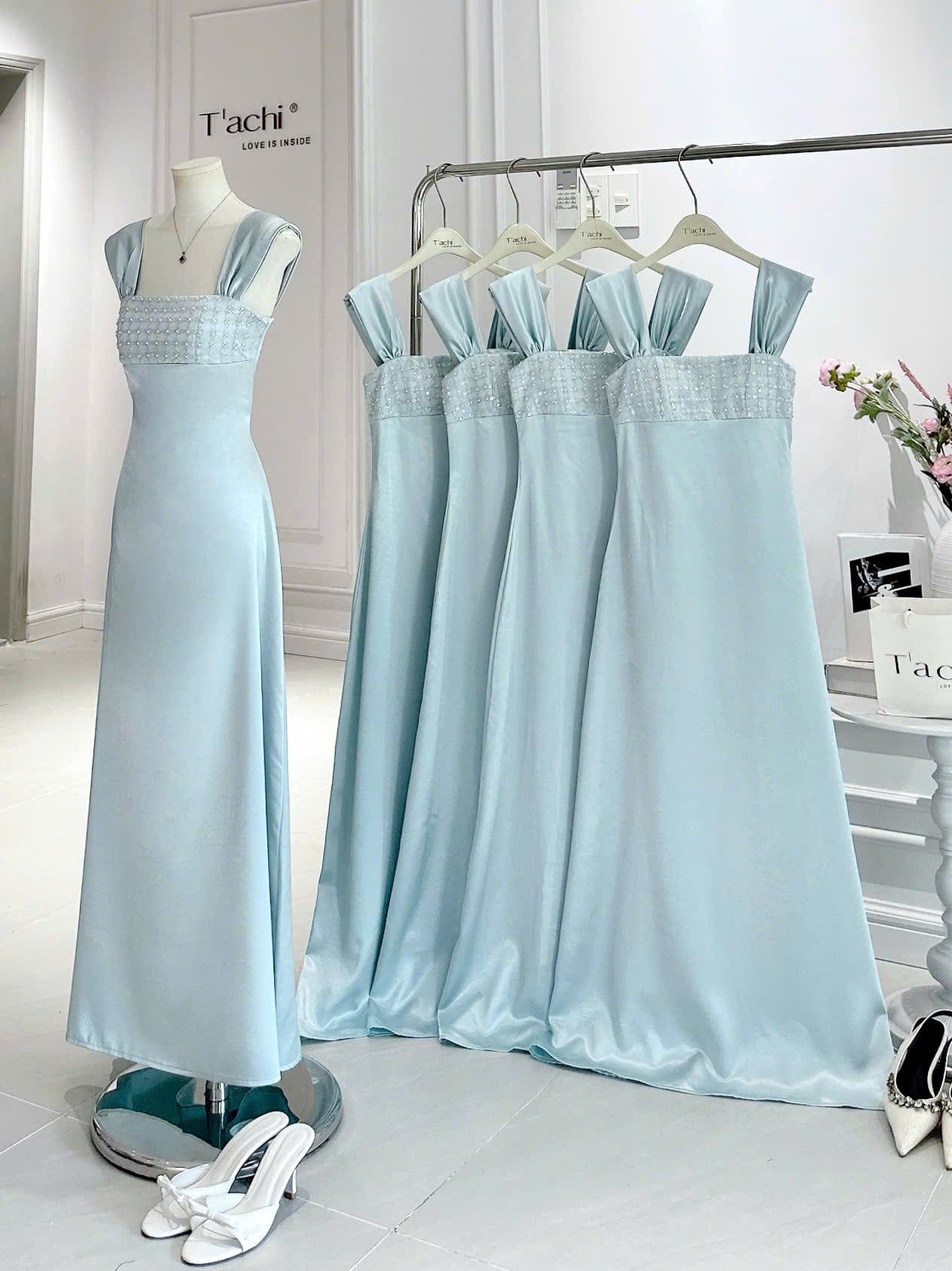  Váy Lụa Xanh Đính Đá 