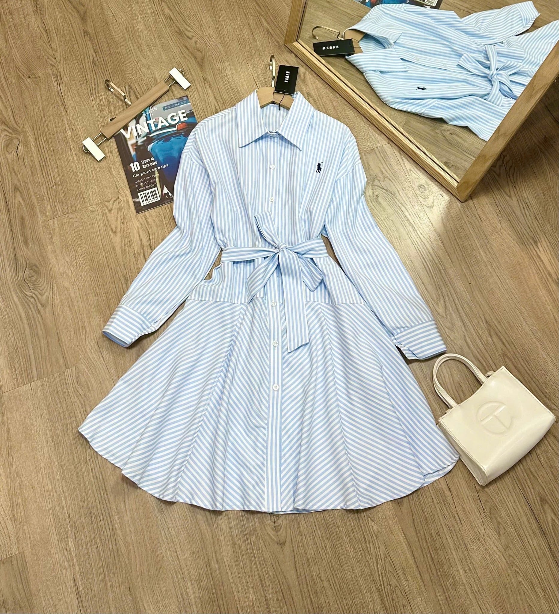  Đầm sơ mi nữ polo kẻ sọc kèm đai thắt eo 