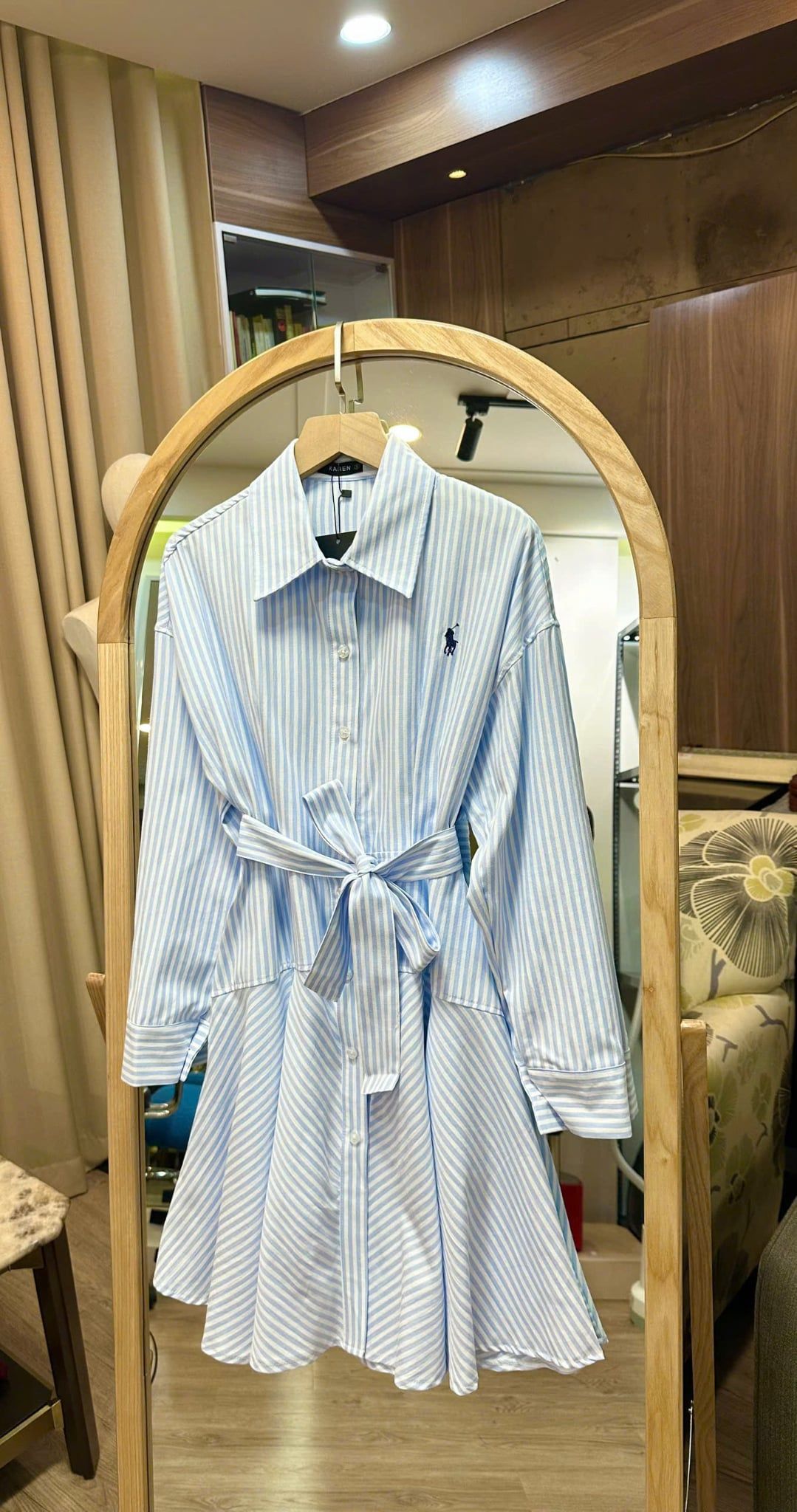  Đầm sơ mi nữ polo kẻ sọc kèm đai thắt eo 