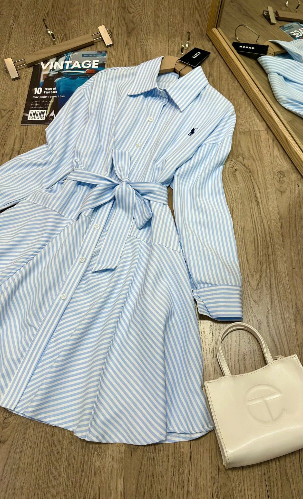  Đầm sơ mi nữ polo kẻ sọc kèm đai thắt eo 