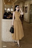  Đầm midi cổ tròn dáng ôm eo phối chân váy phồng form bí 