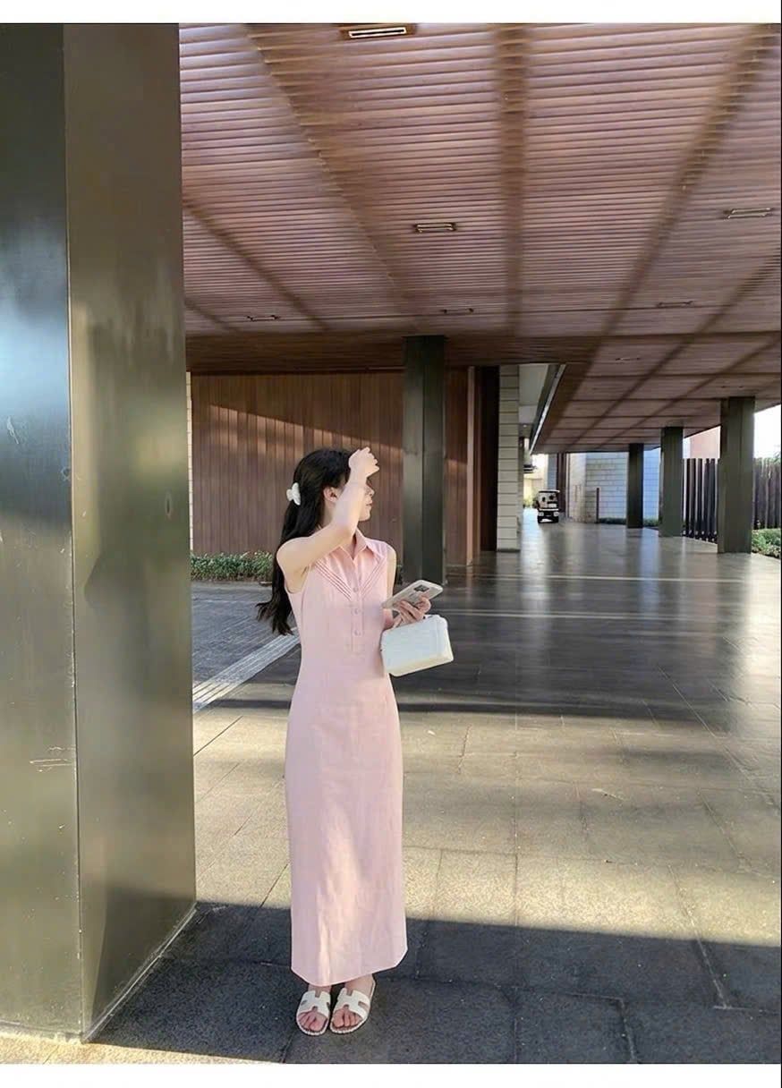  Đầm midi sát nách cổ sơ mi hồng pastel thanh lịch 