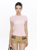  Áo thun ôm body ngắn tay thêu chữ nổi phong cách Y2K 