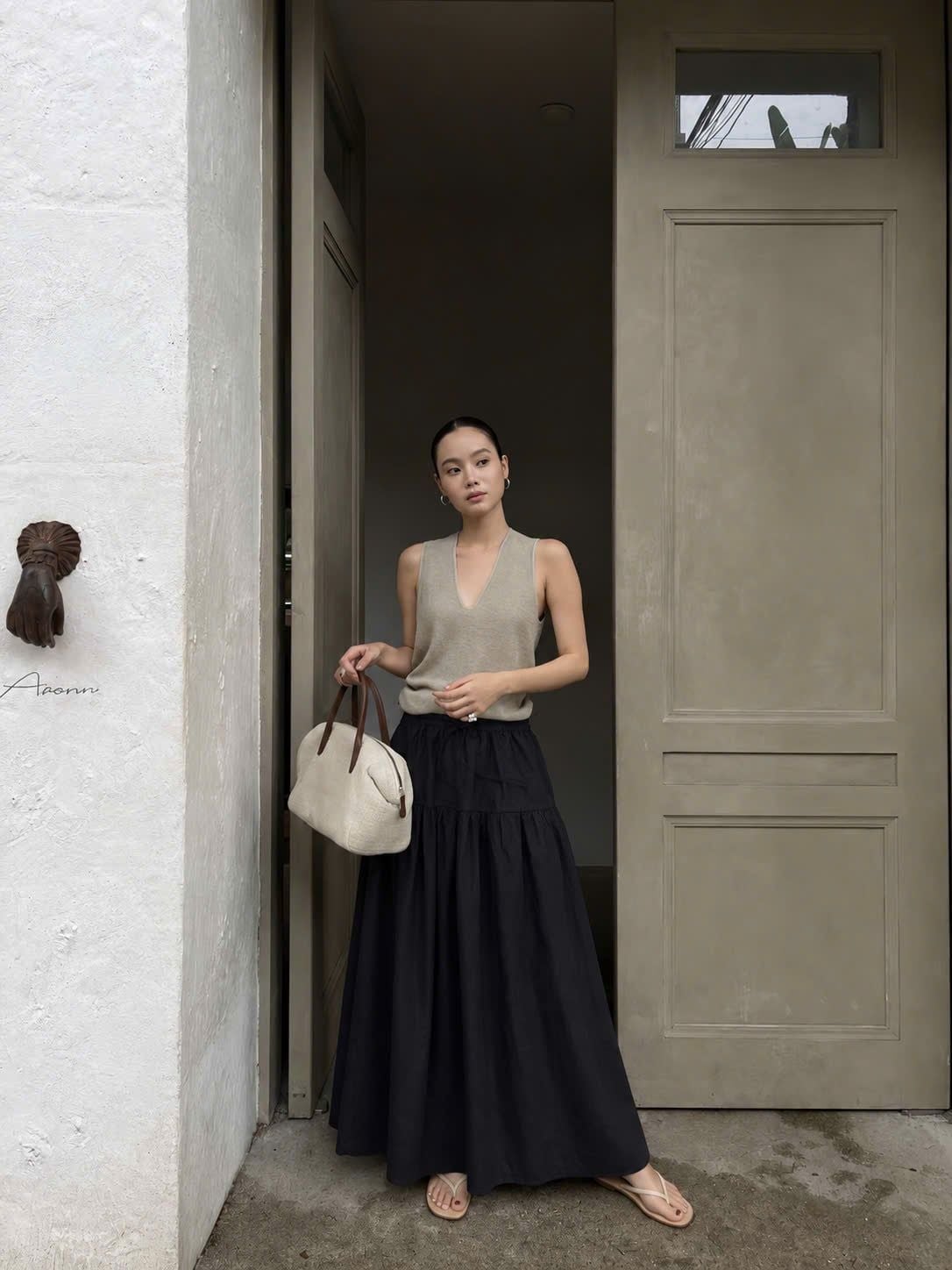  Chân áy nữ linen dài xếp tầng phong cách vintage thanh lịch 