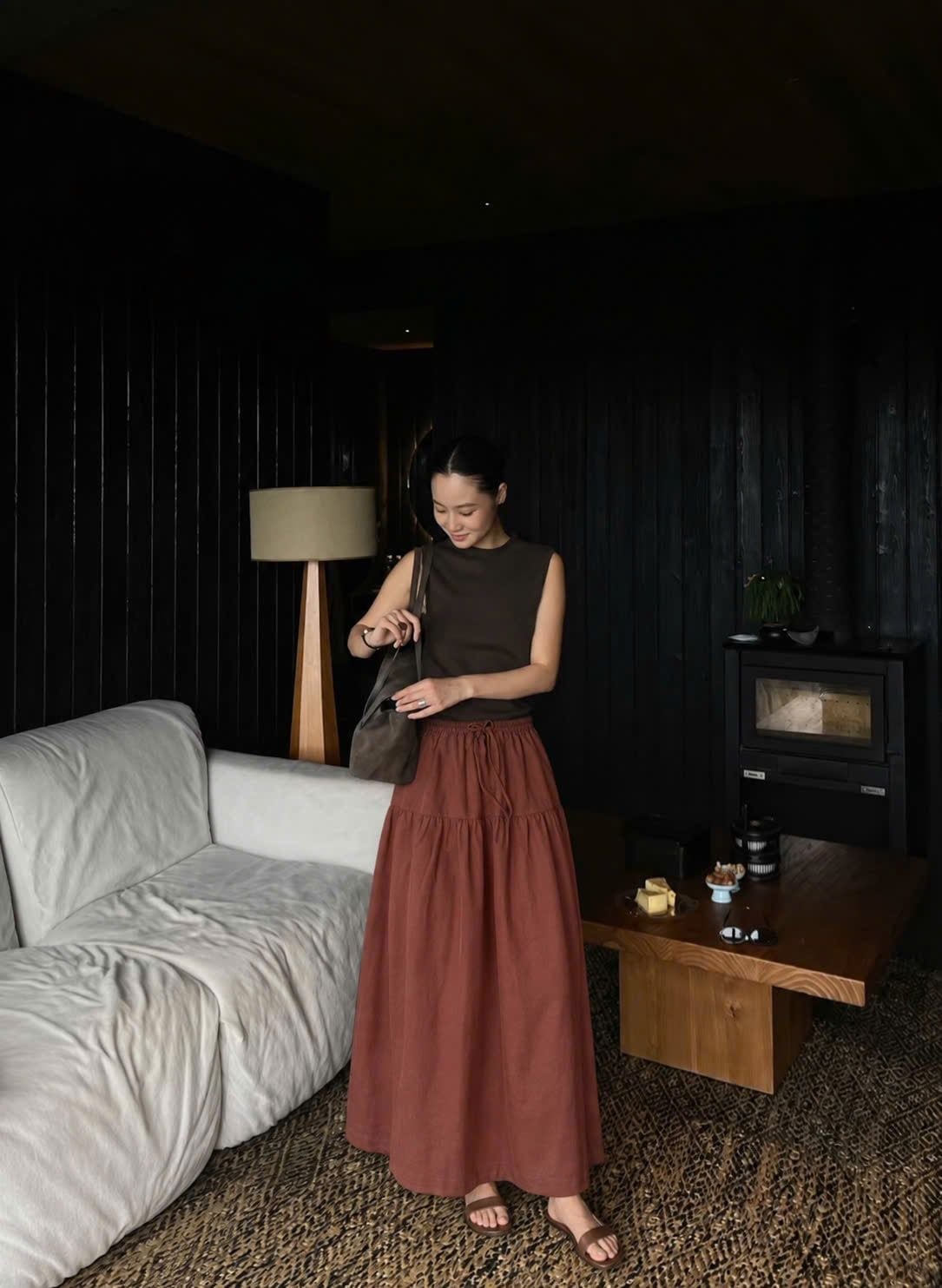  Chân áy nữ linen dài xếp tầng phong cách vintage thanh lịch 