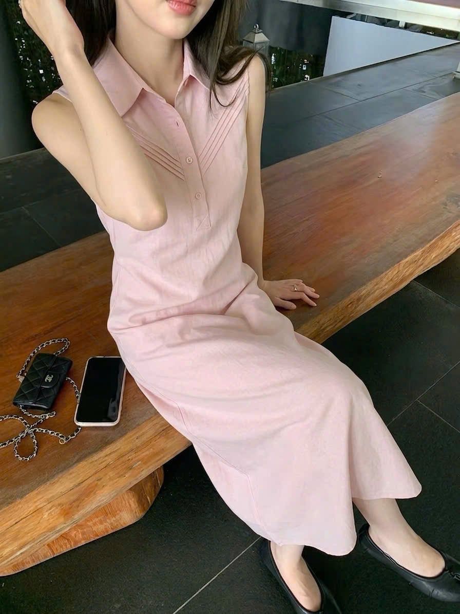  Đầm midi sát nách cổ sơ mi hồng pastel thanh lịch 