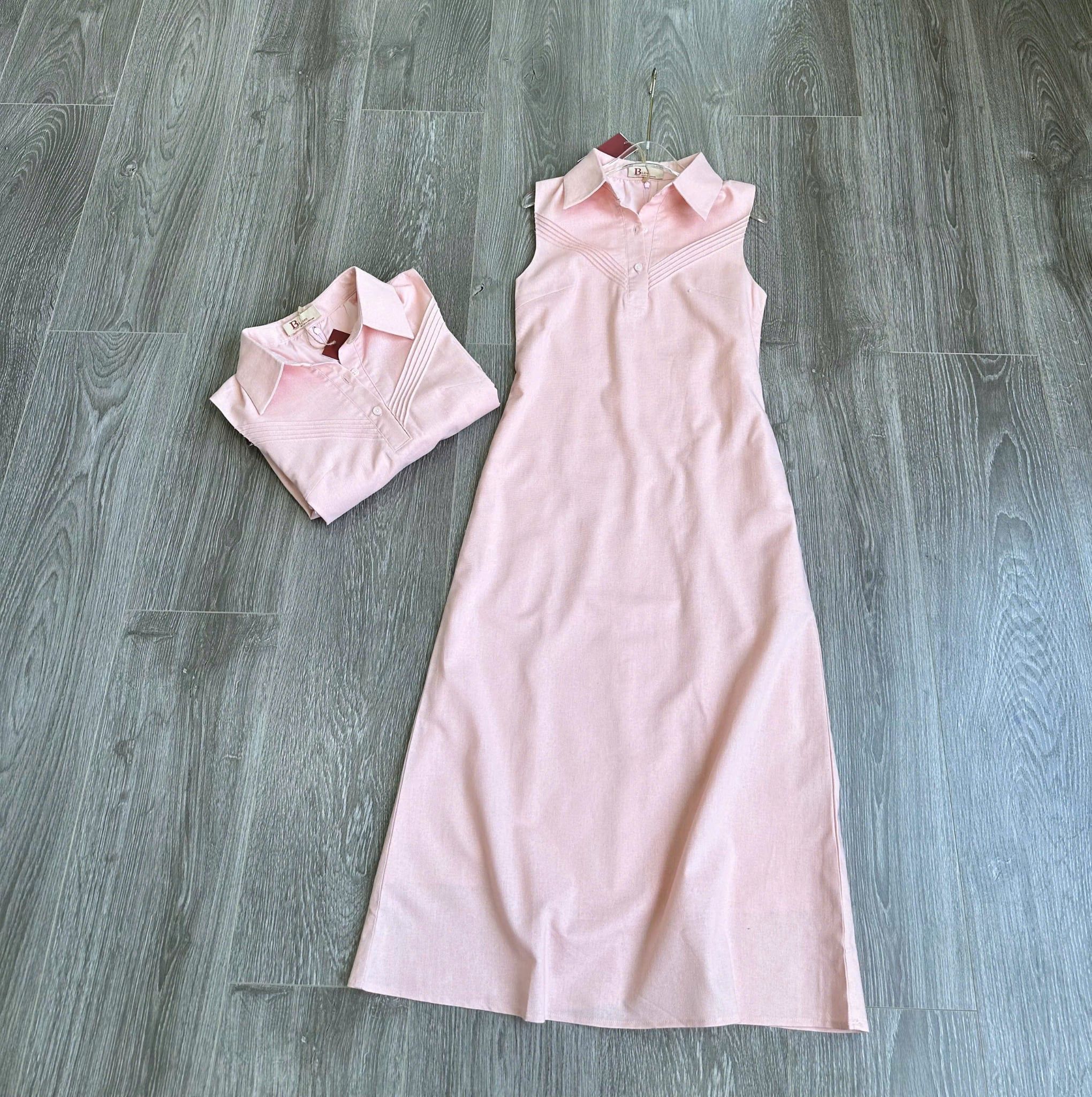  Đầm midi sát nách cổ sơ mi hồng pastel thanh lịch 