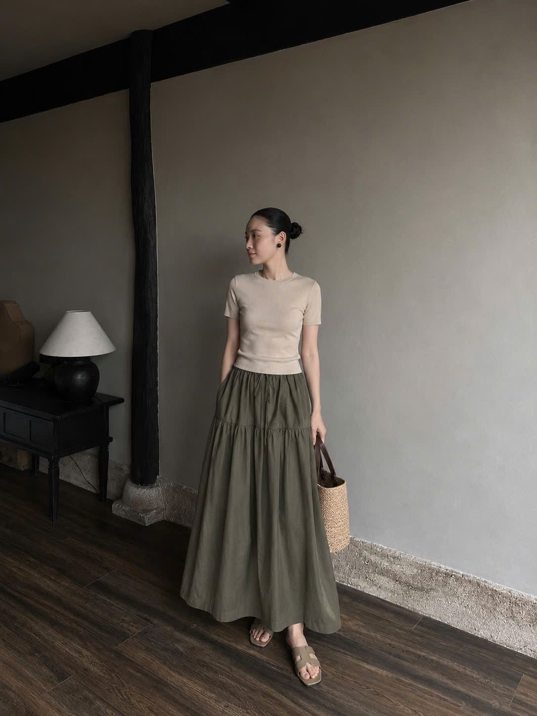  Chân áy nữ linen dài xếp tầng phong cách vintage thanh lịch 