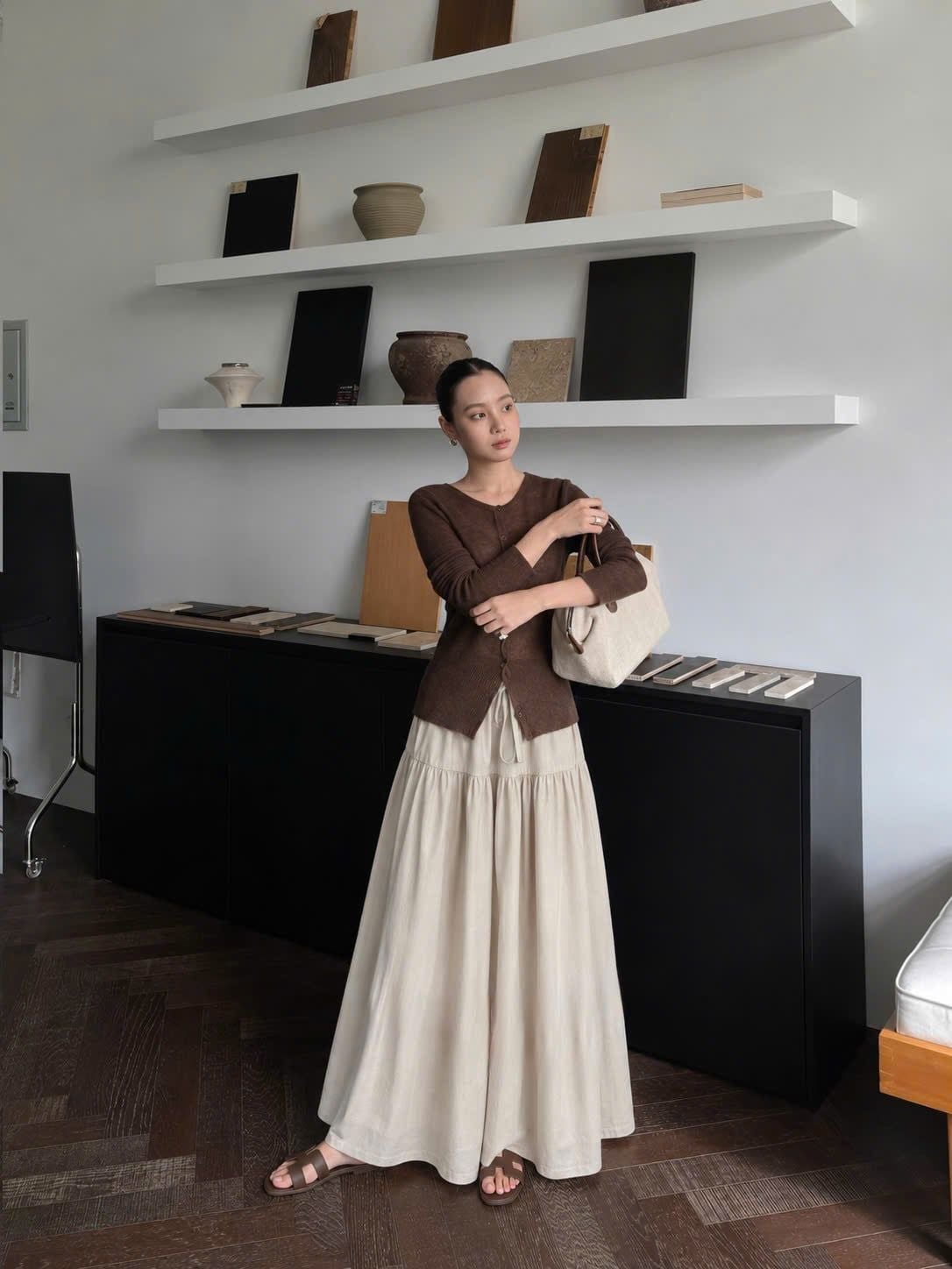  Chân áy nữ linen dài xếp tầng phong cách vintage thanh lịch 